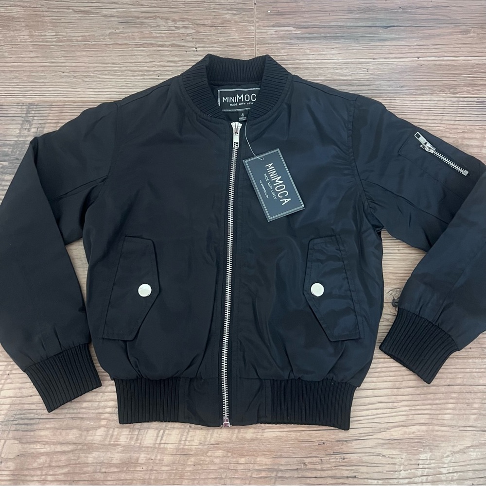 Mini Moca Girls Sherpa Lined Black Bomber Jacket